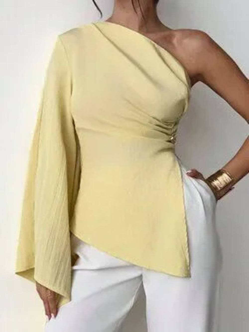 ZARA Yellow Elegant Women's One-Shoulder Pleated Summer Blouse with Metal Detail